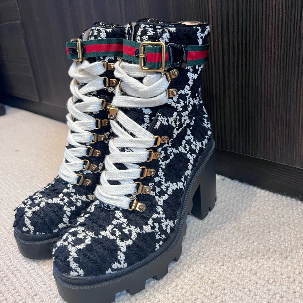 Gucci GG black and white tweed ankle boots